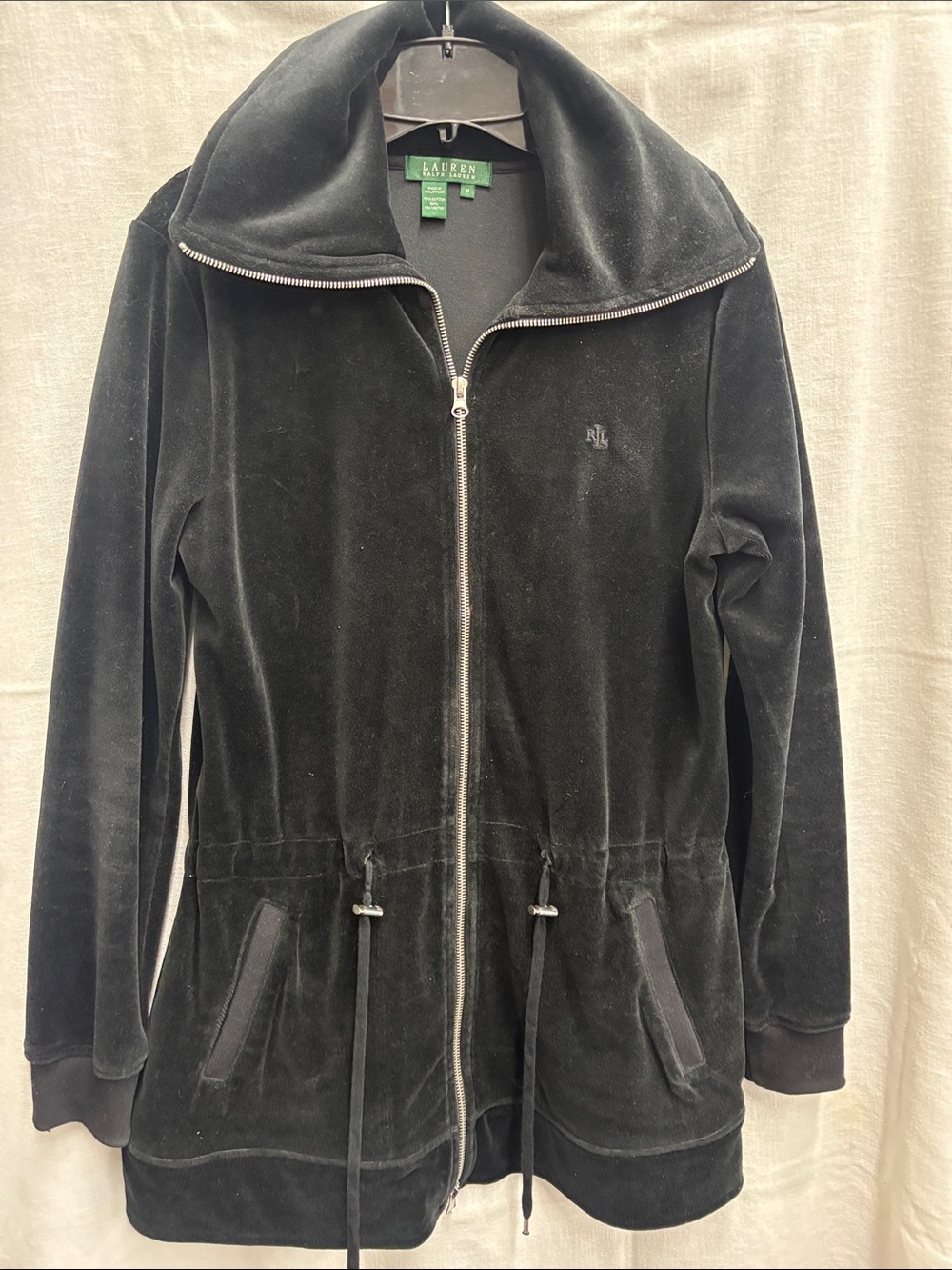 Ralph Lauren Black Velvet Drawstring Waist Bomber Jacket